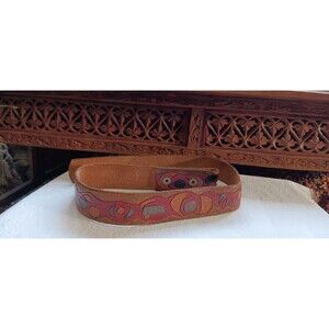 Leather Works Seattle vintage handtooled leather belt no buckle moon sun 34"